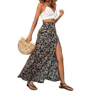 Verdusa XL Black Floral Midi Skirt Thigh Slit Boho Cottagecore Side Zip